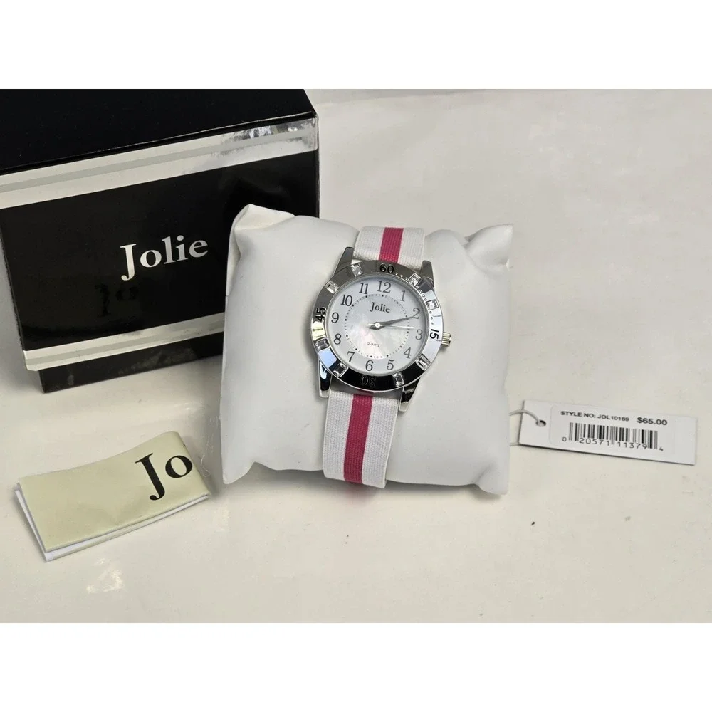 Womens Jolie‎ Red/White Band Silver Toned Wrist Watch Jol10169 NWT
